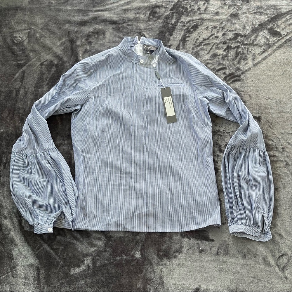 Blue and White Striped Long Sleeve Top with Zipper Back